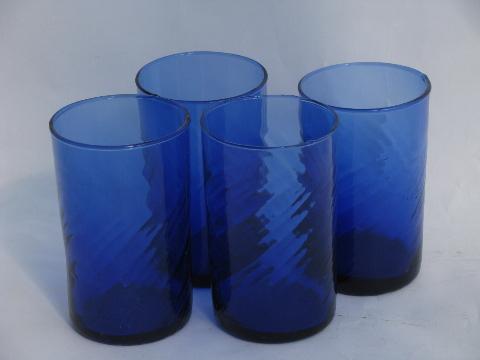 swirl pattern vintage cobalt blue glass juice glasses, set of four