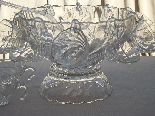 swirled  glass punch bowls, bowl stand & hooked cups, vintage Hazel Atlas glass