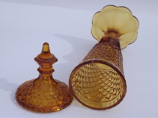 tall amber glass candy jar, vintage diamond point or waffle pattern glass