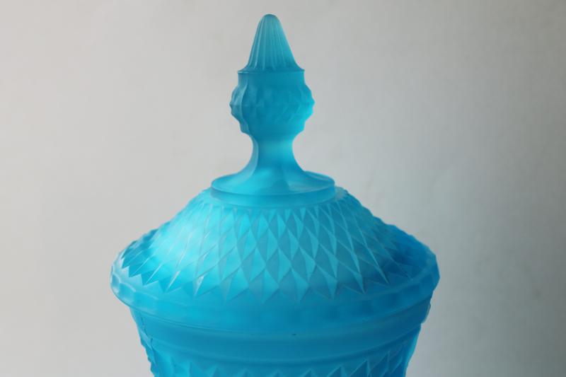 tall apothecary jar candy dish w/ lid, vintage Indiana glass regal blue frosted glass