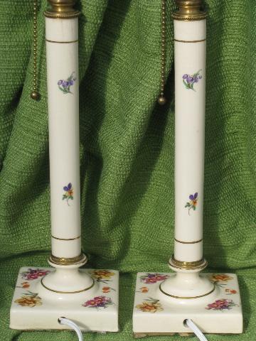 tall flowered china candlestick lamps, vintage brass pull chain sockets