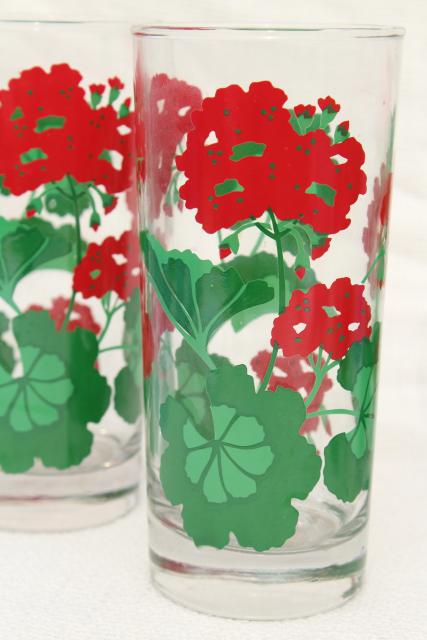 tall iced tea cooler glasses w/ red geraniums, Avon Summer Fantasy glass tumblers