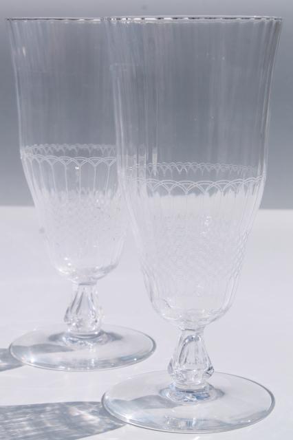 tall iced tea glasses, 8 footed tumblers in vintage panel optic needled etched glass