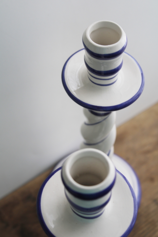 tall twist candlesticks, blue  white Portugal pottery hand painted ceramic candle holders