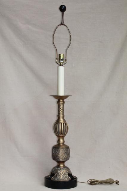 tall vintage hand wrought brass candle stick table or floor lamp, bohemian boho harem gypsy style