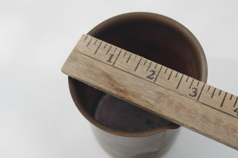 tarnished old copper cup, beaker shaped vessel w/ pitcher spout, vintage copper