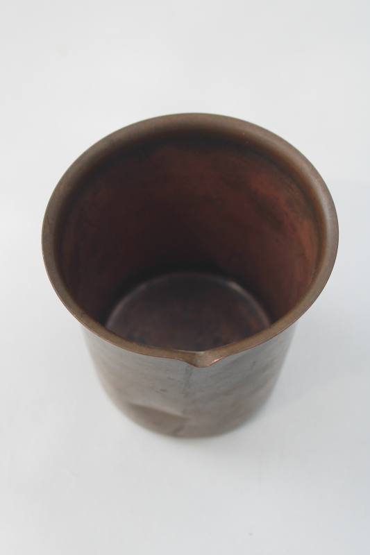 tarnished old copper cup, beaker shaped vessel w/ pitcher spout, vintage copper