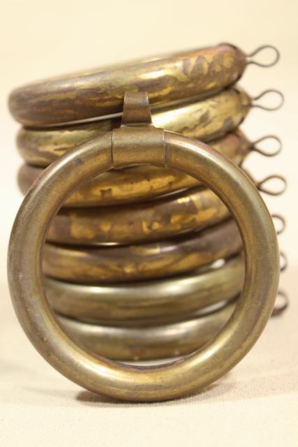tarnished patina vintage brass curtain rings, round ring drapery hangers for big modern rods