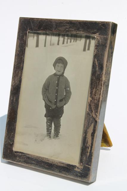 tarnished sterling silver picture frame w/ vintage photo little boy in short pants, 1940s? 
