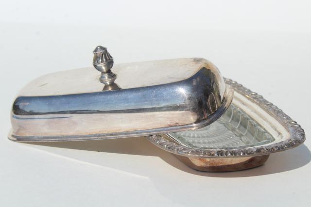 tarnished vintage silver plate covered butter dish w/ removable glass tray