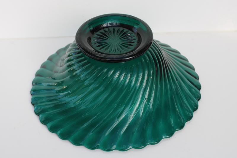 teal green depression glass, Jeannette ultramarine swirl bowl 1940s vintage