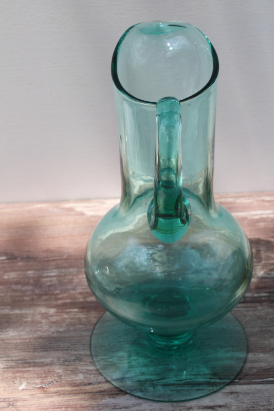 teal green hand blown glass pitcher, tall art glass vase mid century modern vintage