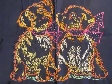terrier puppies vintage 1950s embroidered satin top pillow cover