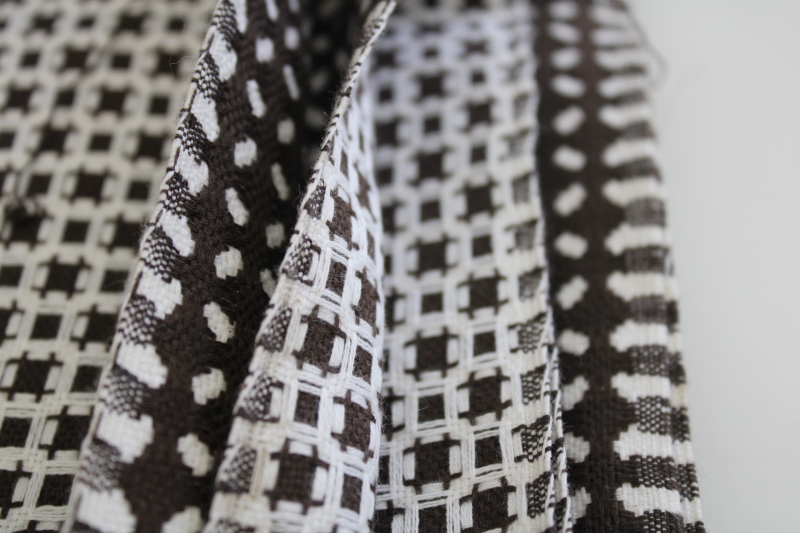 thick cotton fabric, firm weave w/ woven pattern dark chocolate w/ white 70s vintage