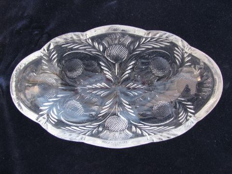 thistle flower pattern, vintage pressed glass bowl, small nappy dish