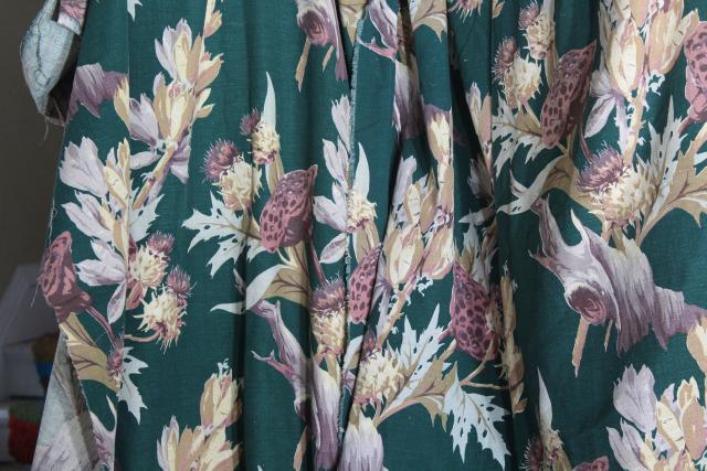 thistle pattern vintage cotton barkcloth fabric project pieces, 1940s 50s floral