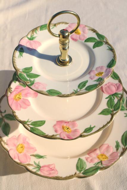 three tier cake plate, tiered serving tray vintage Franciscan Desert Rose pattern