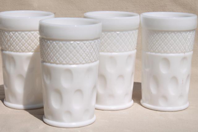 thumbprint pattern vintage milk glass tumblers, McKee diamond & dot glasses
