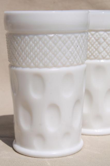 thumbprint pattern vintage milk glass tumblers, McKee diamond & dot glasses