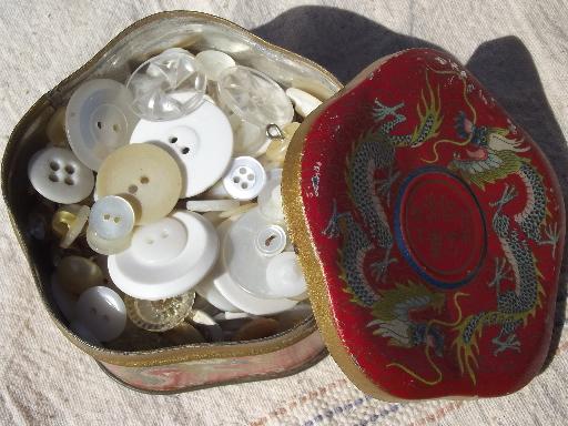 tin full antique and vintage buttons, white and ivory, mother of pearl shell etc.