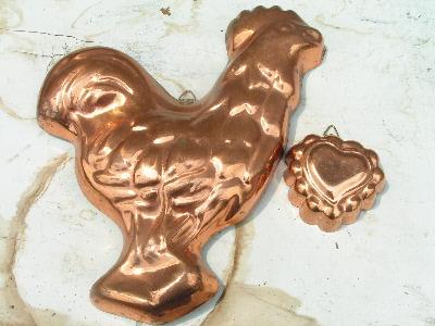 tinned copper kitchen molds, large lot, rooster etc.