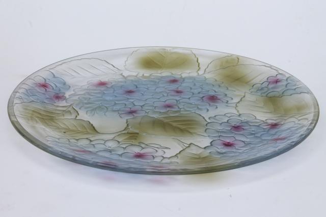 tinted color painted glass platter or cake plate, blue hydrangea floral embossed flowers