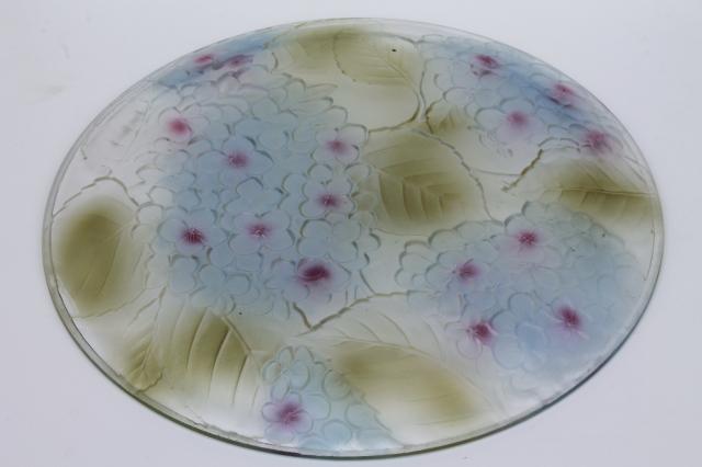 tinted color painted glass platter or cake plate, blue hydrangea floral embossed flowers