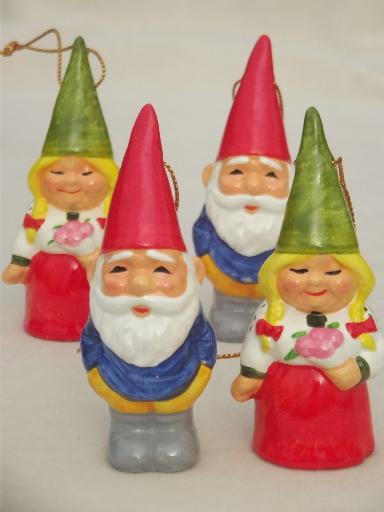 tiny Book of Gnomes & lot of gnome Christmas tree ornaments, 70s vintage