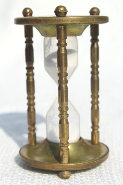 tiny brass hourglass made in England, five minute timer, vintage kitchen timer