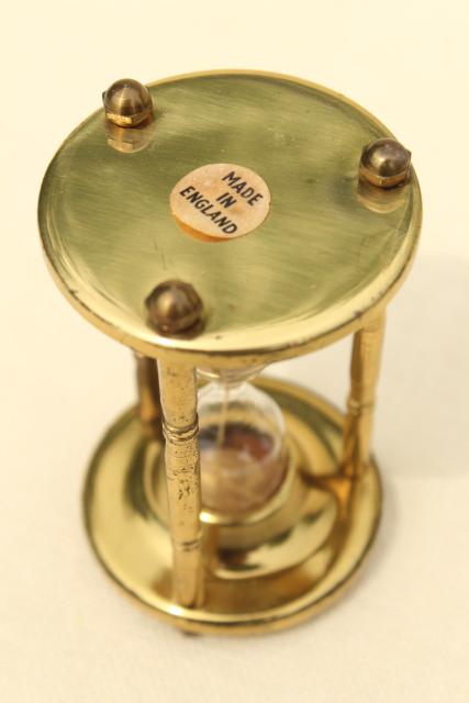 tiny brass hourglass made in England, three minute egg timer, vintage kitchen timer