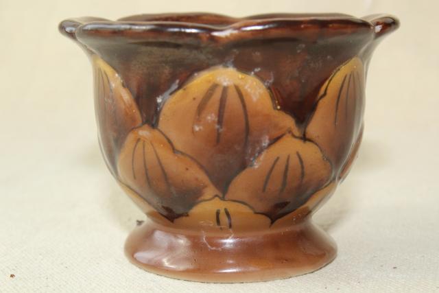 tiny china jam pot, little brown pinecone jar w/ spoon hand painted Made in Japan