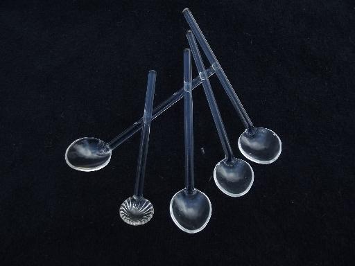 tiny glass spoons for salts, vintage salt cellar spoon lot, set of 4+