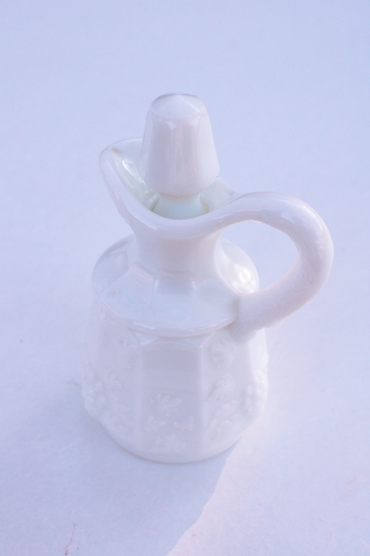 tiny milk glass cruet pitcher w/ stopper, paneled grape pattern vintage Westmoreland glass