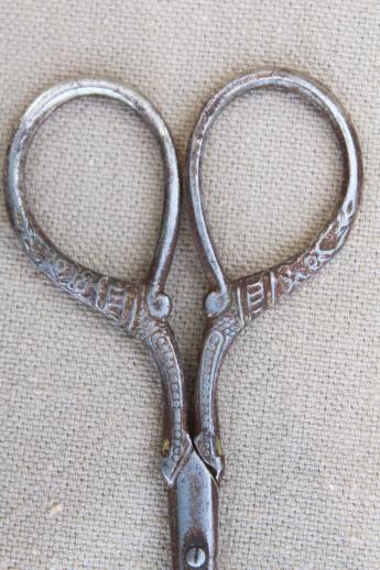 tiny old embroidery scissors, antique vintage chatelaine scissors for sewing basket