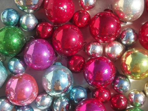 tiny old mercury glass Christmas balls, antique feather tree ornaments