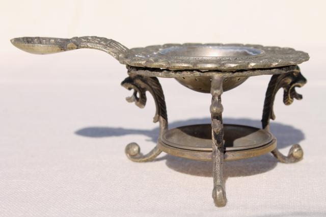tiny ornate metal tea strainer on stand, vintage Italian silver plate over brass