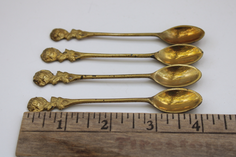 tiny solid brass spoons, demitasse stirrers or jam pot spoons, vintage silverware