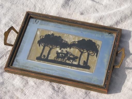 tiny tip tray, framed silhouettes under glass, vintage 20s 30s 40s?