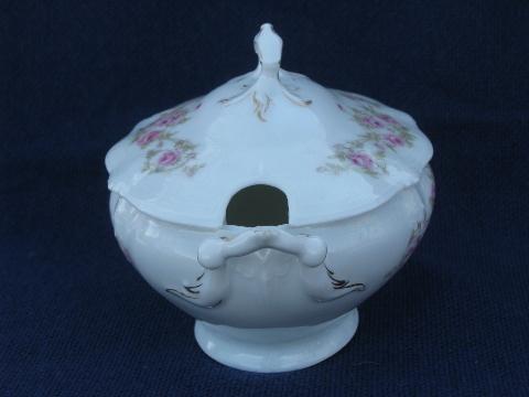 tiny tureen w/ cover, antique Bavaria china pink roses floral