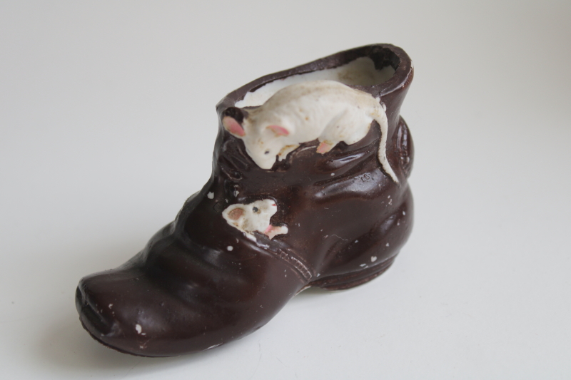 tiny vintage planter pot, old brown boot w/ family of white mice, vintage hand painted Japan