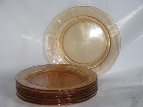 topaz amber-peach vintage depression glass plates, paneled optic