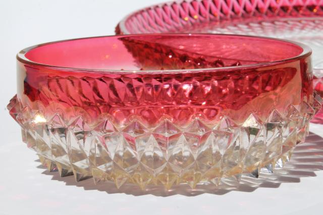 torte cake plate or platter w/ bowl, Indiana glass diamond point ruby stain flashed color band