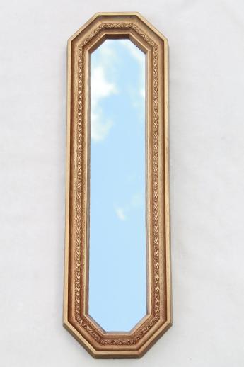 trio of gold framed mirrors, vintage 60s wall art set, long narrow mirror grouping