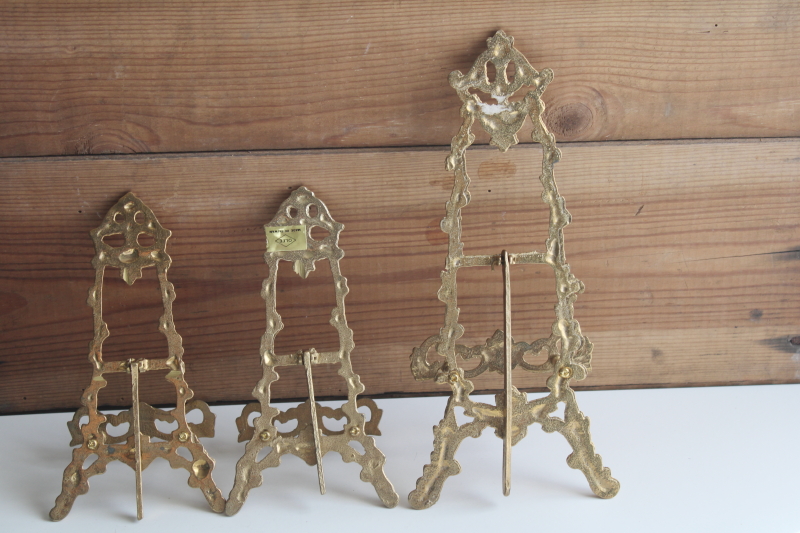 trio of solid brass easel stands, ornate vintage easels to display prints, cards or signs, photos