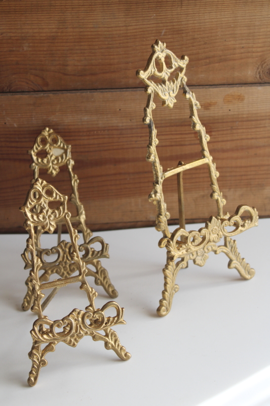 trio of solid brass easel stands, ornate vintage easels to display prints, cards or signs, photos