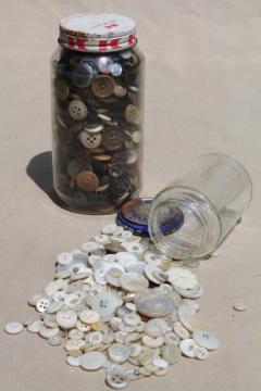 two old jars of antique buttons, pearl shell buttons & vintage work shirt buttons as found