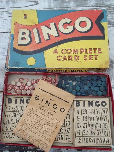 two vintage bingo sets, lot wood parts numbers and markers, game cards