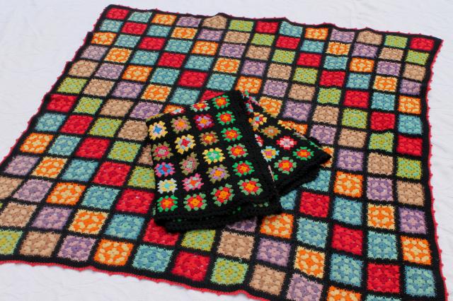 two vintage crochet granny square afghans, retro bohemian bright colors w/ black