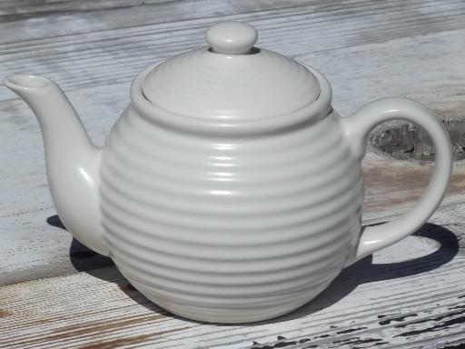 unmarked vintage ring band pottery teapot, retro matte white glaze