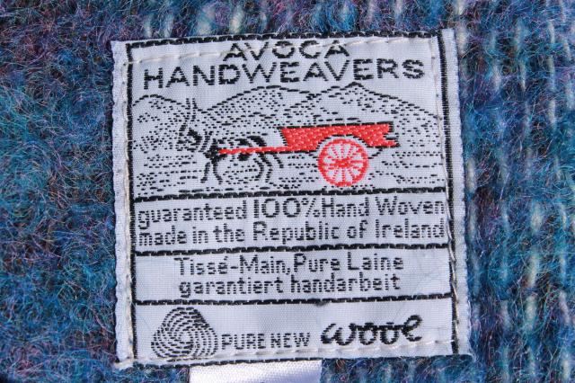 unused vintage Avoca Ireland Irish wool mohair throw blanket, earth brown & blue colors